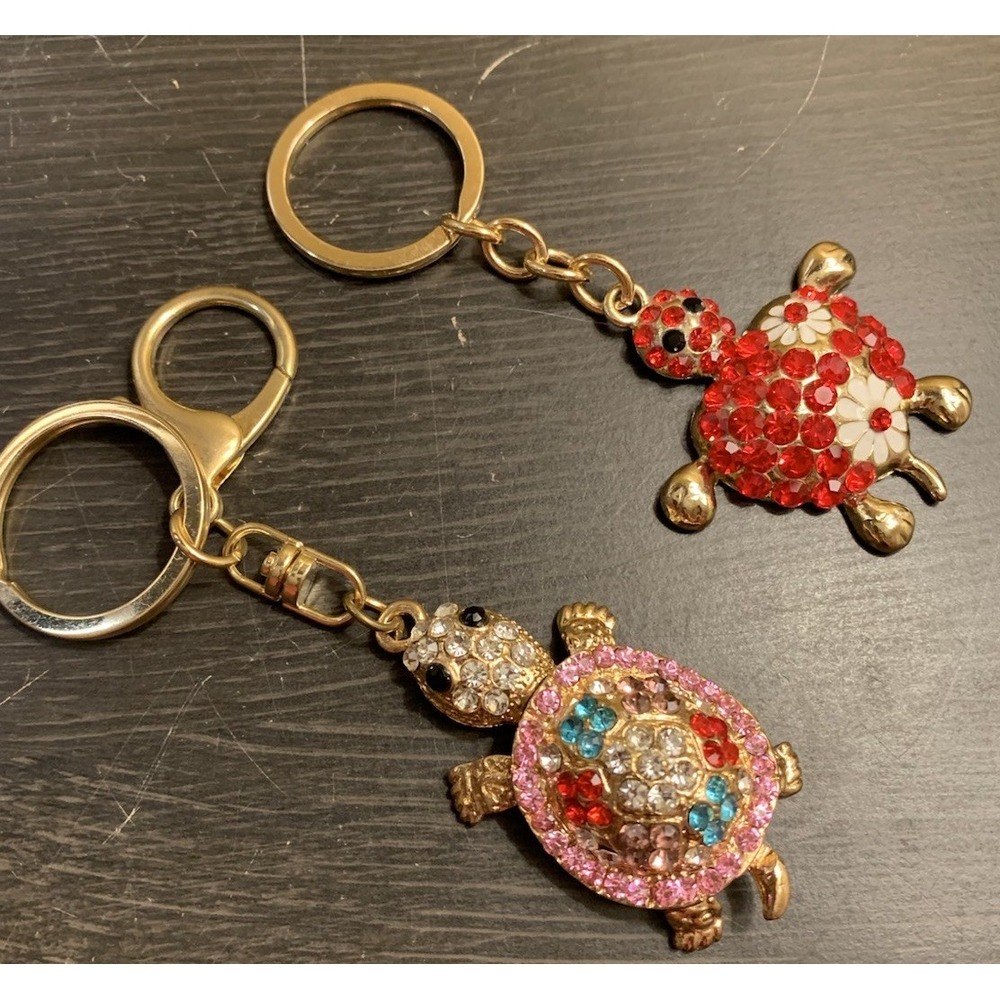 Turtle Keychain Set Bejeweled Rhinestone Purse Jewelry Bling Clip Key Ring